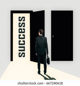 Back view of young man in abstract interior looking at open opportunity door. Success concept. 3D Rendering