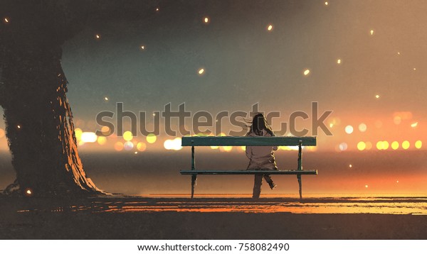 ボケライトの付いたベンチに座っている若い女性の背景、デジタルアートスタイル、イラトスペイント