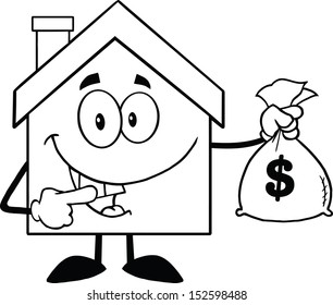 Back And White House Cartoon Mascot Character Holding A Bag Of Money. Raster Illustration