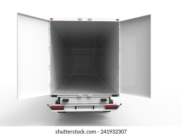 Back white truck with open empty trailer