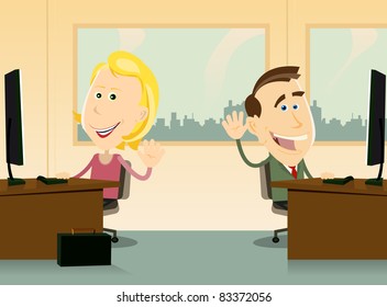 Back To Work/ Illustration of two workers, male and female, happy back to work at the office