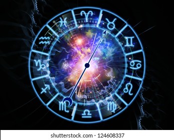 Backdrop On The Subject Of Astrology, Child Birth, Fate, Destiny, Future, Prophecy, Horoscope And Occult Beliefs Composed Of Zodiac Symbols, Gears, Lights And Abstract Design Elements