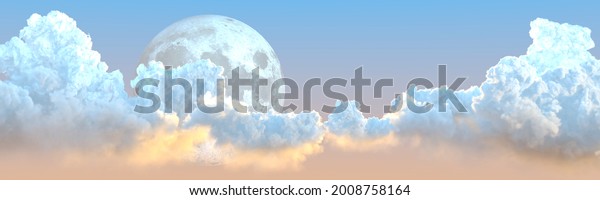 backdrop - panoramic big cumulus clouds and\
moon - cg nature 3D\
illustration