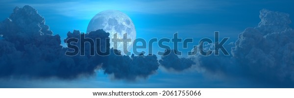 backdrop - panoramic huge cumulus and moon ,\
nature 3D\
illustration