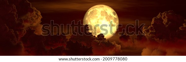 backdrop - panoramic large cumulus clouds\
and moon . concept nature 3D\
illustration