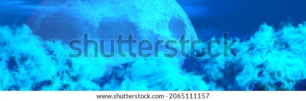 backdrop - panoramic large cumulus clouds and\
moon . concept nature 3D\
rendering