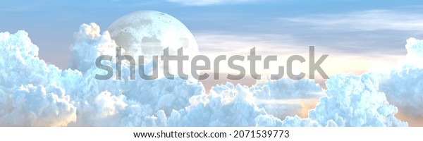 backdrop - panoramic large cumulus clouds and\
moon . cg nature 3D\
rendering