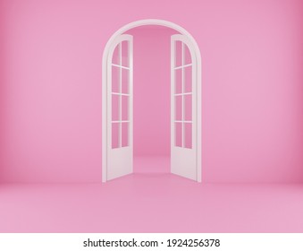 Backdrop For Pink Room With Open Door. 3d Rendering