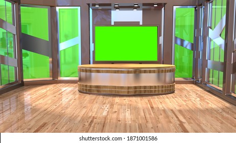 Backdrop For TV Shows .TV On Wall.3D Virtual News Studio Background, 3d Illustration
