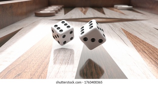 Backgammon, playing an ancient table game. Dice flying over a backgammon board. Rolling dice closeup, strategy and luck, leisure, entertainment concept. 3d illustration