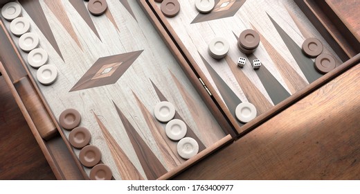 Backgammon, playing an ancient table game. Dice and chips on the backgammon board. Strategy and luck, leisure, entertainment concept. 3d illustration