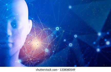background 3d bionic electric face illustration, digital technology light internet network, robot futuristic ai, machine with deep learning data software, cyberpunk innovation, system binary connect - Shutterstock ID 1338080549