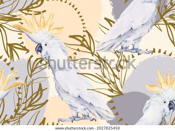 Background with Australian bird. Seamless pattern. Watercolor and digital illustration.