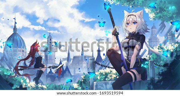 Background Beautiful Anime Girl Shaped Cats Stock Illustration