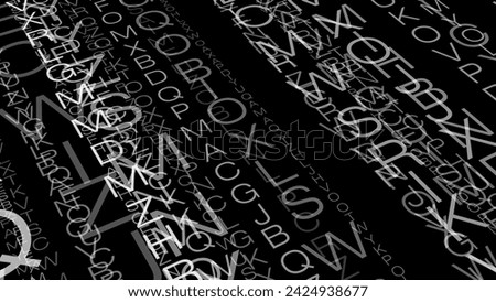 Background of black with random letters creates energetic and stylish typographic chaos, dynamic composition of fancy letters forming abstract design