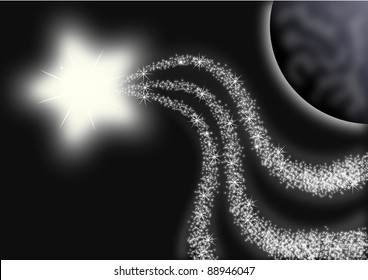 Background with Bright Comet Star in a dark sky with blur cloudy planet