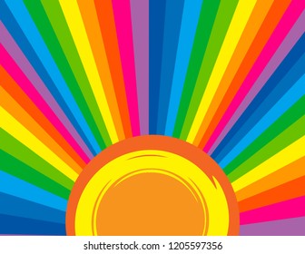 Background of a brightly coloured rainbow perspective rays with an abstract sun.
