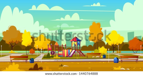 秋に公園にアニメの遊び場の背景 黄色い木と植物と茂みを持つ秋の風景 人々のトラックウェイを持つレクリエーションエリア スイング ベンチ 池と遊園地 のイラスト素材