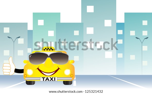 background cartoon taxi with thumb up on city road\
and space for\
text