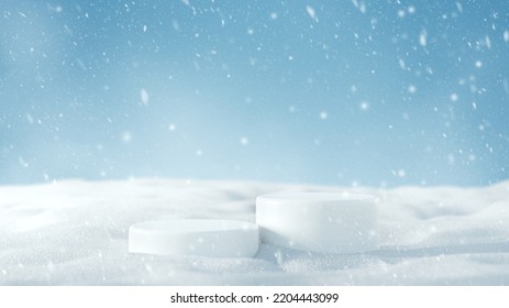 Background Christmas and new year winter holiday concept. Minimal white stage podium with snowfall on snow background, 3d rendering. - Powered by Shutterstock