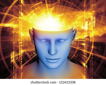 Background composition of  human head and symbolic elements to complement your layouts on the subject of human mind, consciousness, imagination, science and creativity