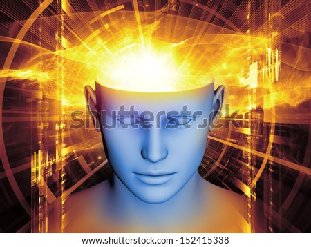 Background composition of  human head and symbolic elements to complement your layouts on the subject of human mind, consciousness, imagination, science and creativity