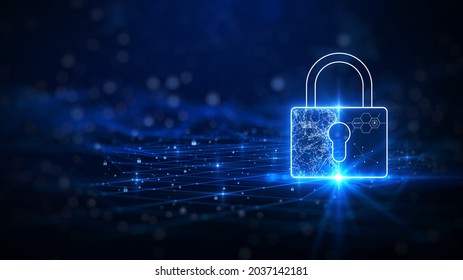 Background Concept Of Data Protection And Cybersecurity Technology Privacy. There Is A Key On The Right Hand Side. Against A Dark Blue Background.