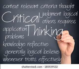 Background concept wordcloud illustration of critical thinking handwritten on dark background