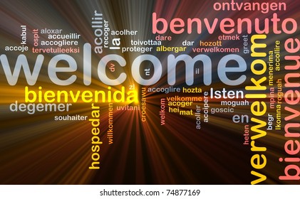 Background concept wordcloud illustration of welcome different languages glowing light