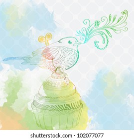Background With Cupcake And Clockwork Bird, Beautiful Illustration