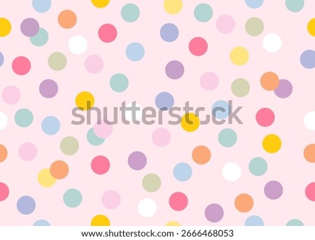 Background of cute polka dot pattern of colorful round confetti balls on a light pink wallpaper. copyspace. Festive birthday celebration invite card backdrop. dotted pattern of random color dots bg.
