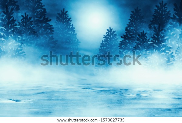Background of dark night winter forest. Moonlight\
in the night\
forest