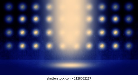 Background of a dark wall with light bulbs, neon light, scene