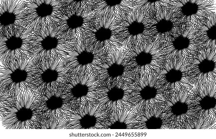Background with decorative elements of black color on white. Uneven circles from the center of which many thin curved lines emerge. The elements touch. Pattern.