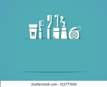 Background With Dental Care Symbols. Tooth Brush, Tooth Paste, Dental Floss