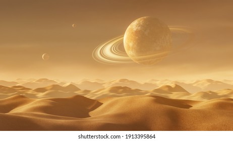 Background Of A Desert Landscape With A Planet With Rings In The Sky And Two Small Satellites. Sci-fi Environment. 3D Rendering