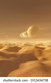 Background Of A Desert Landscape With A Planet With Rings In The Sky And Two Small Satellites. Sci-fi Environment. 3D Rendering