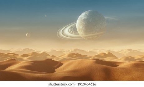 Background of a desert landscape with a planet with rings in the sky and two small satellites. 3D Rendering