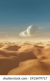 Background Of A Desert Landscape With A Planet With Rings In The Sky And Two Small Satellites. 3D Rendering