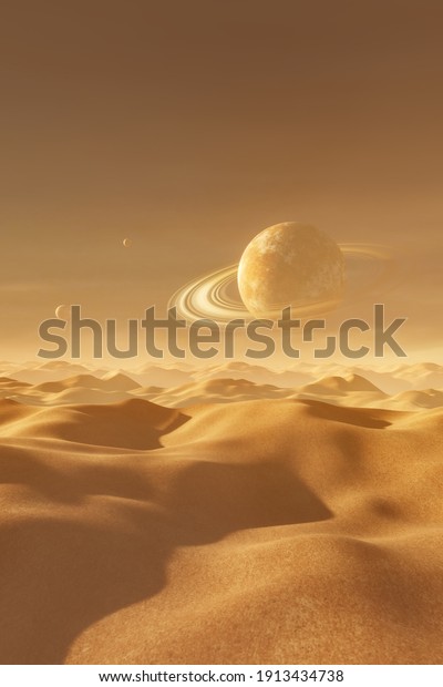Background of a desert landscape with a planet\
with rings in the sky and two small satellites. Sci-fi environment.\
3D Rendering