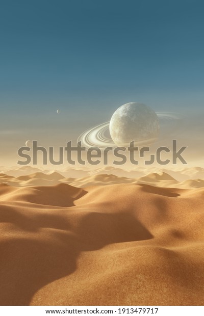 Background of a desert\
landscape with a planet with rings in the sky and two small\
satellites. 3D\
Rendering