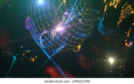 Background design abstract forms and planets on the subject of science.  Explosion of stars in space. Fantastic galaxy in the universe. Planets in distant solar system in space. 