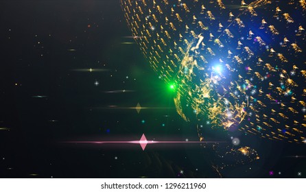 Background design abstract forms and planets on the subject of science.  Explosion of stars in space. Fantastic galaxy in the universe. Planets in distant solar system in space. 