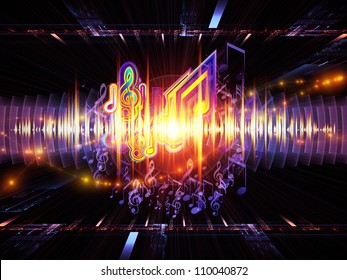 Background Design Of Musical Notes, Perspective Fractal Grids, Lights, Wave And Sine Patterns On The Subject Of Music, Sound Equipment And Processing, Audio Performance And Entertainment