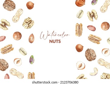 Background design of nuts. Raw pecan, walnut, almond, pistachio, peanut, macadamia, hazelnut and cashew. Hand drawn watercolor illustration of organic food for packaging, label, card.