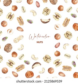 Background design with nuts. Raw pecan, walnut, almond, pistachio, peanut, macadamia, hazelnut and cashew. Hand drawn watercolor illustration of organic food for packaging, label, card.