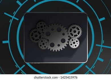 background with digital tablet and gears group. 3d rendering