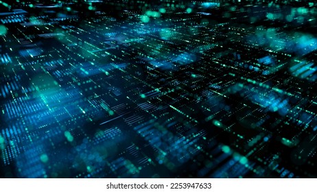 Background Digital technology 3d rendering with lines and digital elements HUD. Matrix particles cyber city space and hud windows move, network data and virtual reality world pixelated