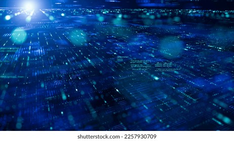 Background Digital technology 3d rendering with lines and digital elements HUD. Matrix particles cyber city space and hud windows move, network data and virtual reality world pixelated