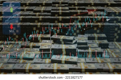 Background From Dollar Packs, A Big Pile Of 100-dollar Banknote Wads And Graph Trad Stock. 3D Rendering, Concept For Capital, Fund, Millionaire, Billionaire, Trade Stock, Award Winner,wealth, Rich